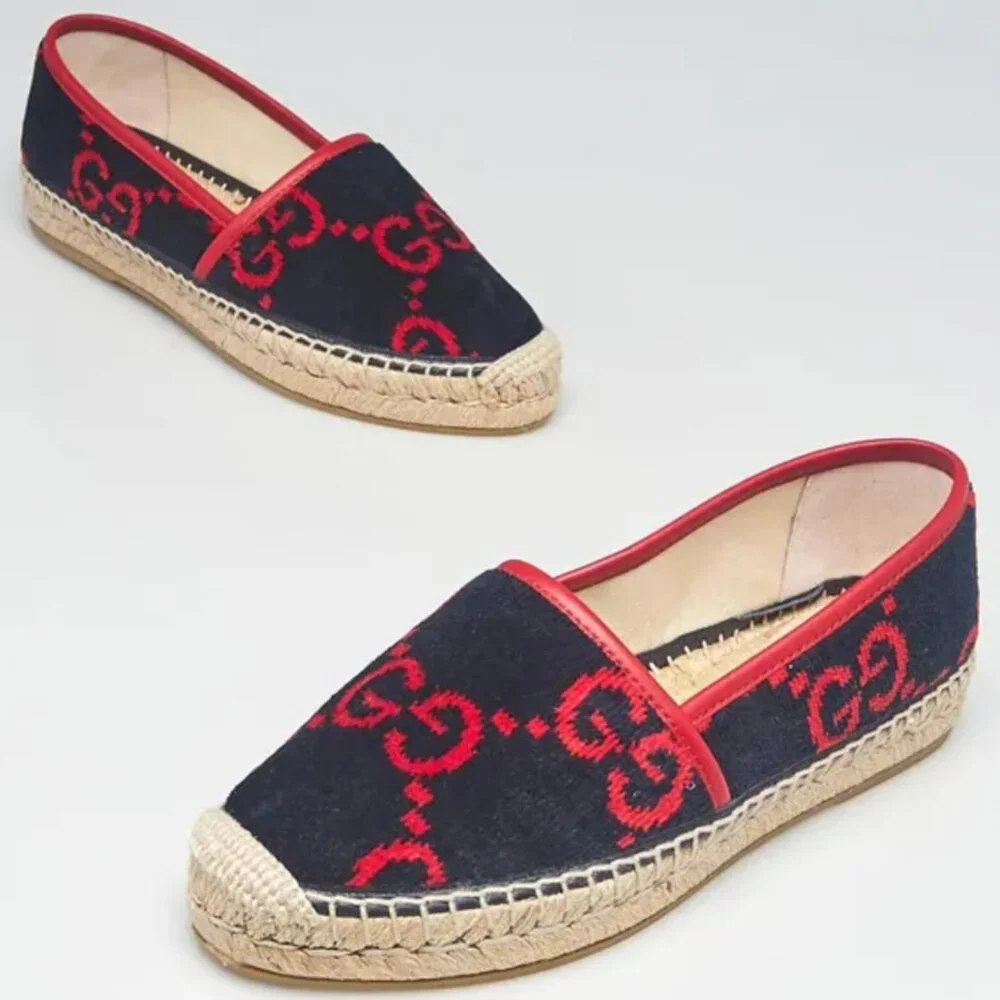 Gucci GG Logo Pilar Jute Espadrille Flat Blue Red Velvet - Picture 2 of 5